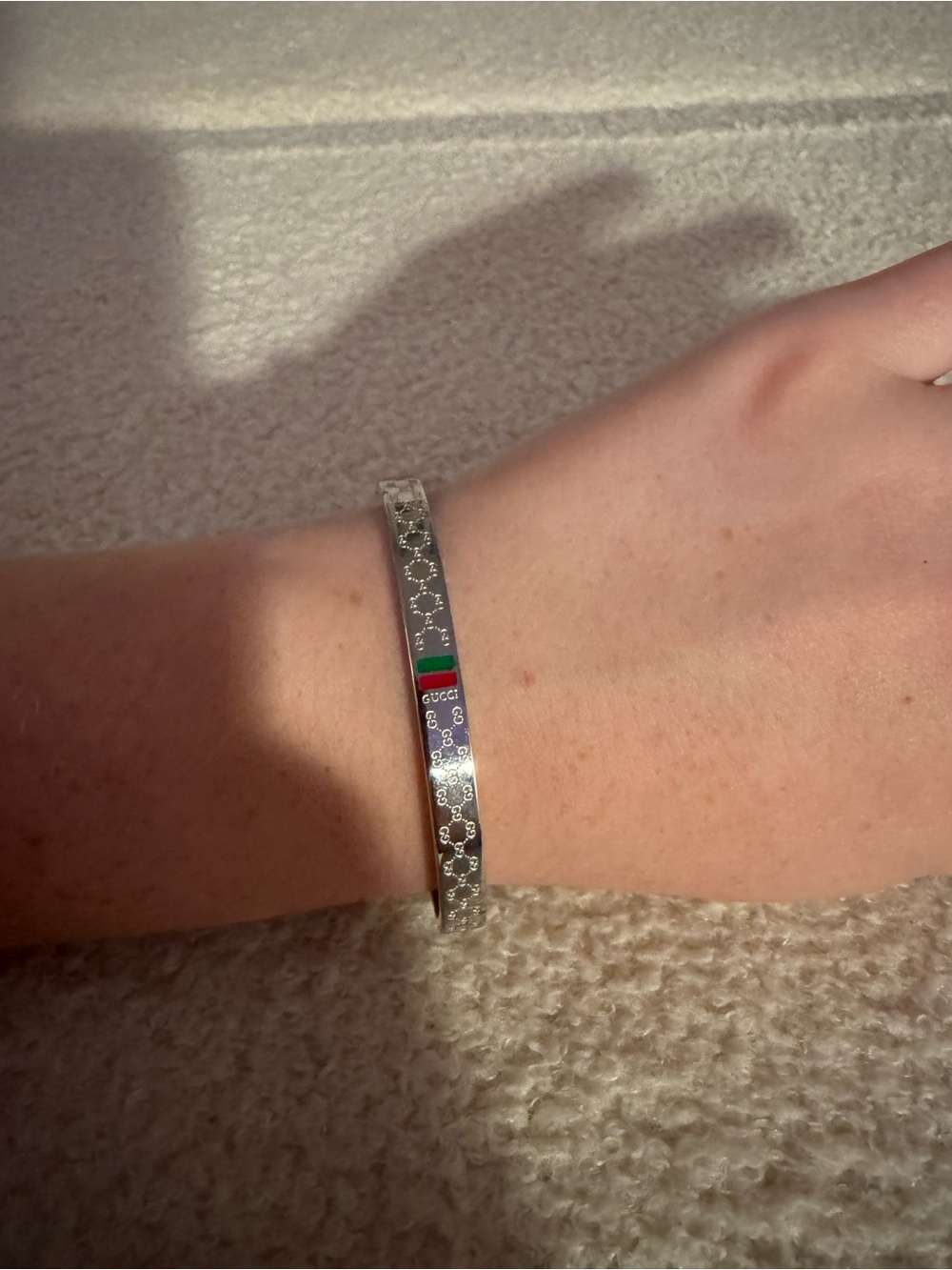 Silver-Tone Bangle with Green and Red Enamel Stripe